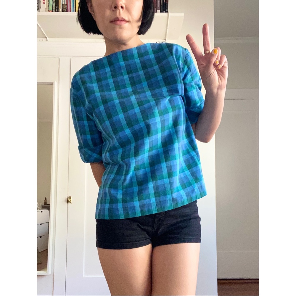 SOLD Vintage Handmade Turquoise Plaid Gingham Boatneck Top